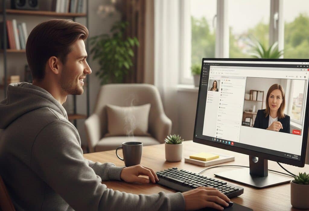 Mężczyzna uczestniczący w indywidualnym szkoleniu WordPress online z trenerką widoczną na ekranie komputera.