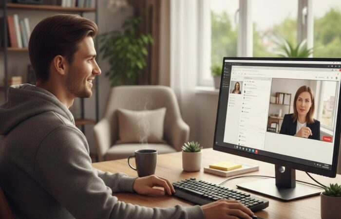 Mężczyzna uczestniczący w indywidualnym szkoleniu WordPress online z trenerką widoczną na ekranie komputera.