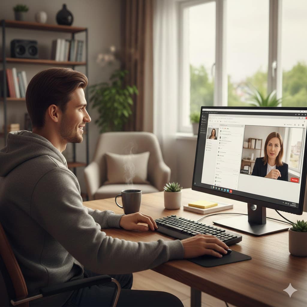 Mężczyzna uczestniczący w indywidualnym szkoleniu WordPress online z trenerką widoczną na ekranie komputera.