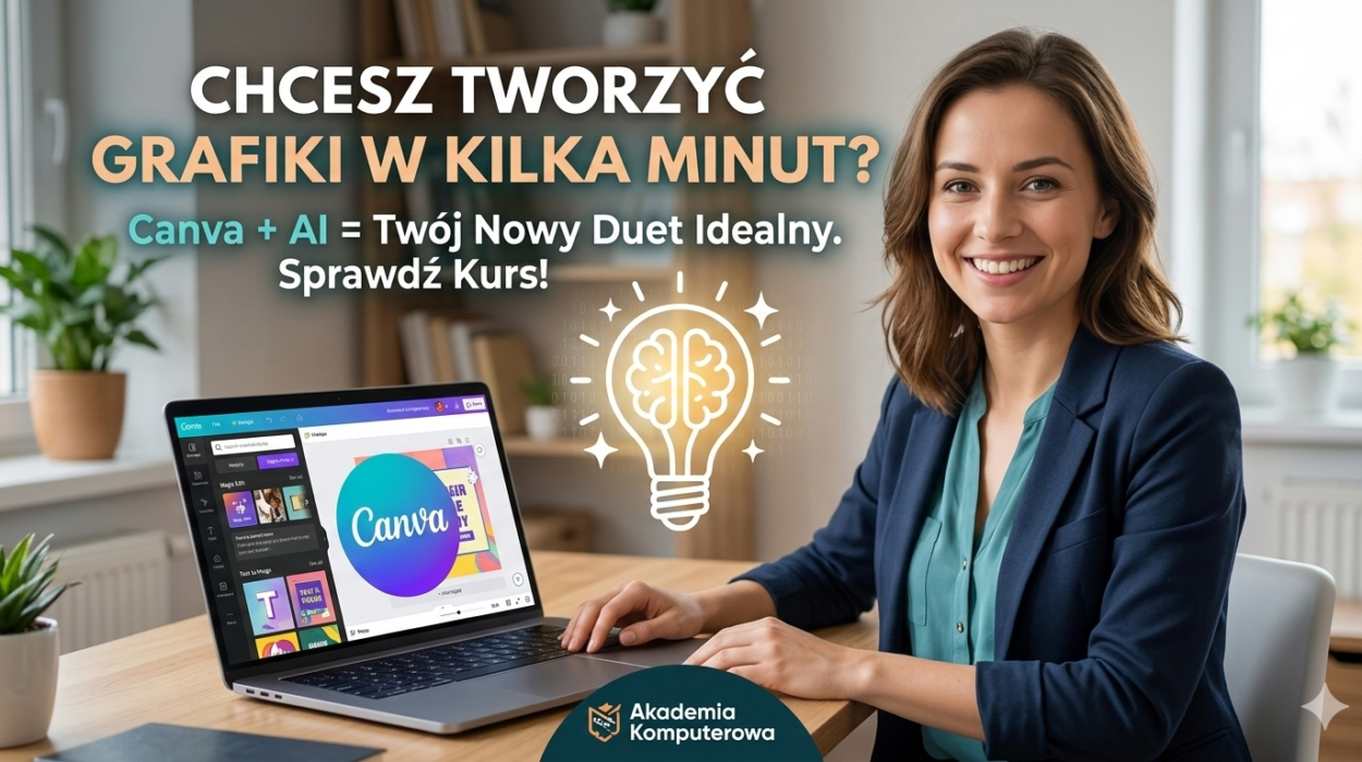 Uśmiechnięta kobieta pracująca przy laptopie z widocznym interfejsem Canvy. Napis na grafice: "Chcesz tworzyć grafiki w kilka minut? Canva + AI = Twój Nowy Duet Idealny". Promocja kursu Sztuczna Inteligencja w Akademii Komputerowej.