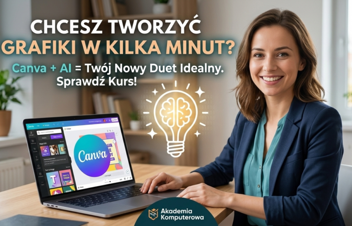 Uśmiechnięta kobieta pracująca przy laptopie z widocznym interfejsem Canvy. Napis na grafice: "Chcesz tworzyć grafiki w kilka minut? Canva + AI = Twój Nowy Duet Idealny". Promocja kursu Sztuczna Inteligencja w Akademii Komputerowej.