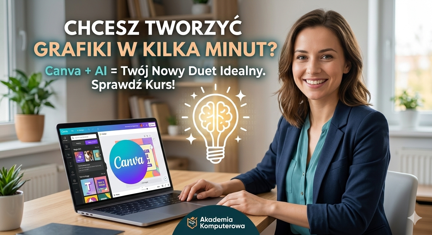 Uśmiechnięta kobieta pracująca przy laptopie z widocznym interfejsem Canvy. Napis na grafice: "Chcesz tworzyć grafiki w kilka minut? Canva + AI = Twój Nowy Duet Idealny". Promocja kursu Sztuczna Inteligencja w Akademii Komputerowej.