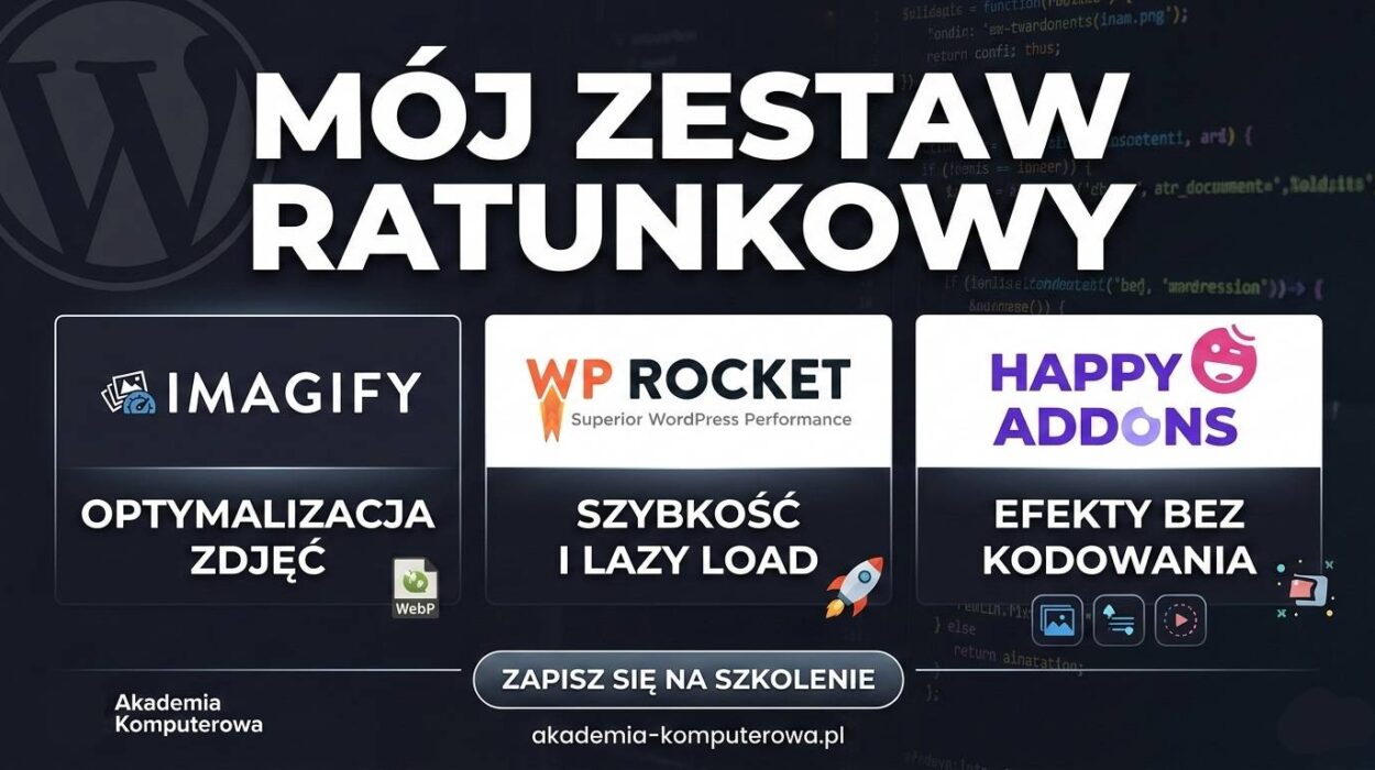 Grafika przedstawiająca zestaw wtyczek do optymalizacji WordPress: Imagify, WP Rocket oraz HappyAddons. Napis: Mój zestaw ratunkowy. Logotyp Akademia Komputerowa z wezwaniem do zapisu na szkolenie z administracji stronami WWW