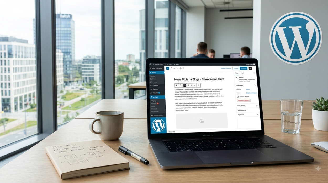 Laptop z otwartym edytorem Gutenberg na biurku w nowoczesnym biurze z widokiem na wieżowiec Baltyk