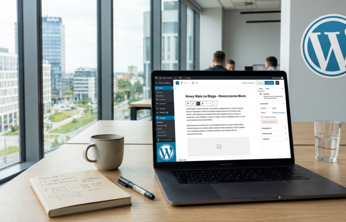 Laptop z otwartym edytorem Gutenberg na biurku w nowoczesnym biurze z widokiem na wieżowiec Baltyk