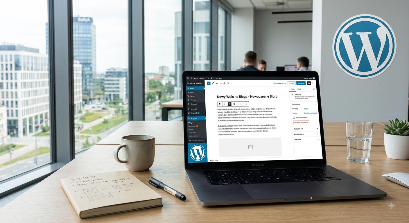 Laptop z otwartym edytorem Gutenberg na biurku w nowoczesnym biurze z widokiem na wieżowiec Baltyk
