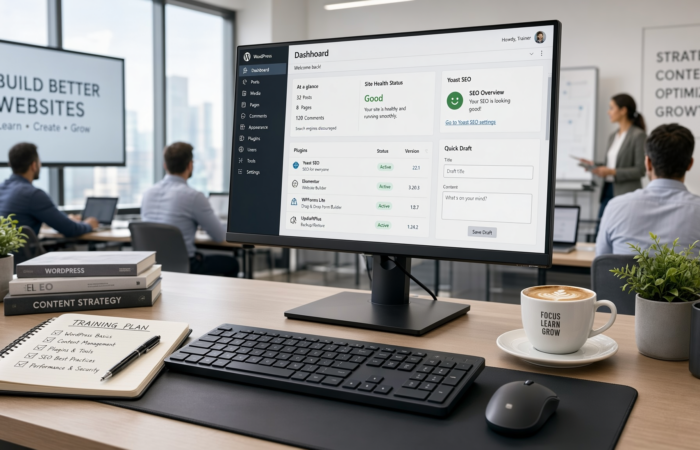 onitor wyświetlający pulpit WordPress, obok notes z napisem Training Plan i filiżanka kawy na biurku