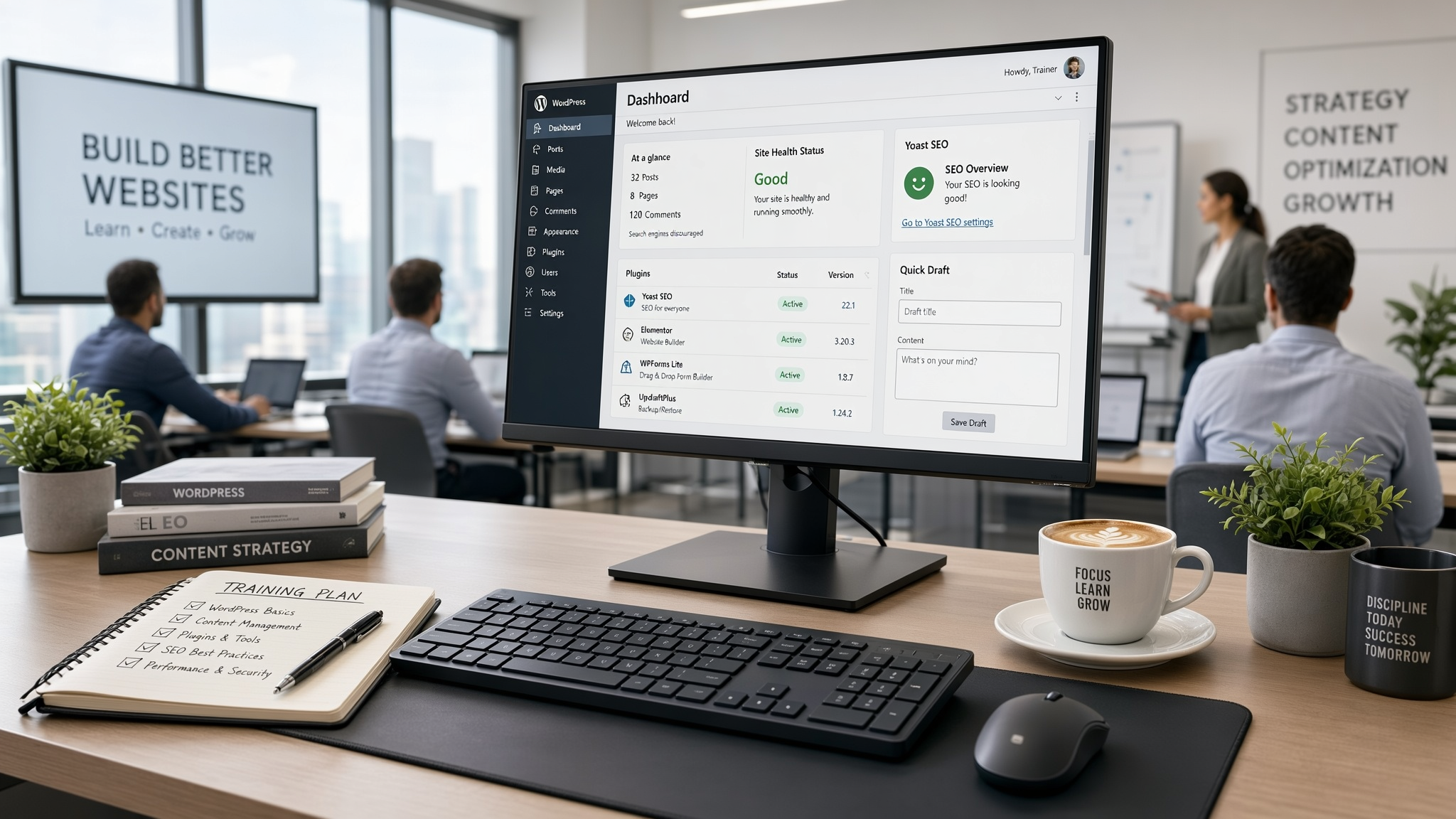 onitor wyświetlający pulpit WordPress, obok notes z napisem Training Plan i filiżanka kawy na biurku