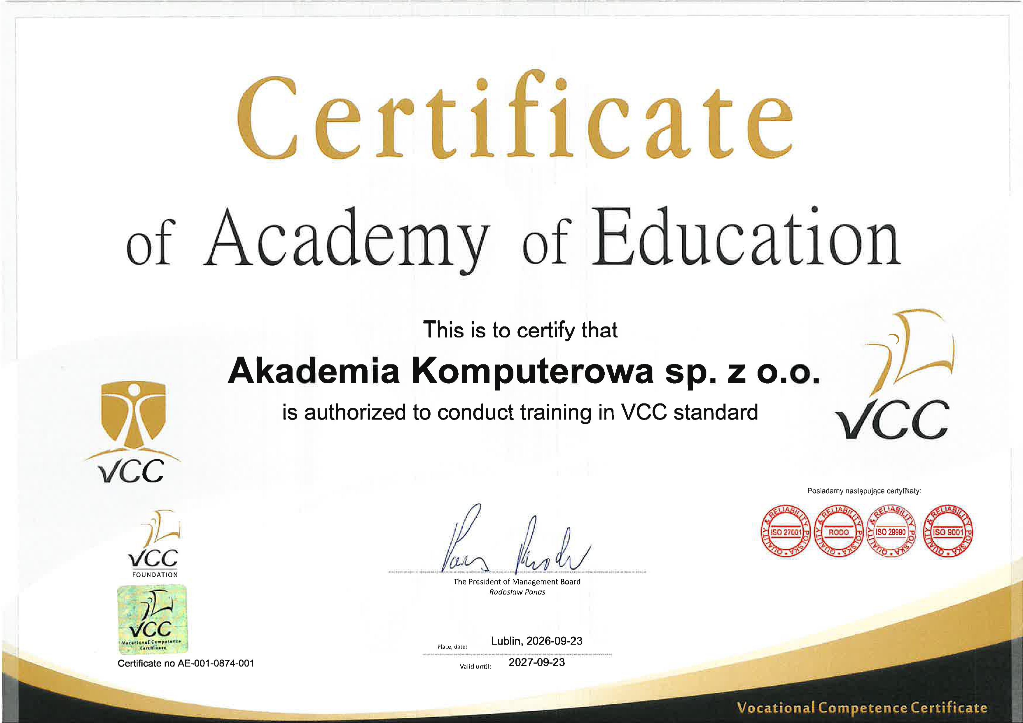 Certyfikat VCC AE-001-0874-001 – Akademia Komputerowa sp. z o.o. uprawniona do prowadzenia szkoleń w standardzie VCC
