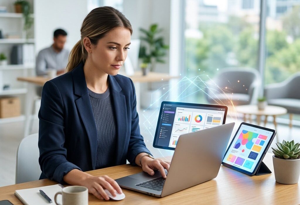 Specjalistka marketingu pracuje przy laptopie z wykresami i szkicami materiałów wspieranych przez sztuczną inteligencję