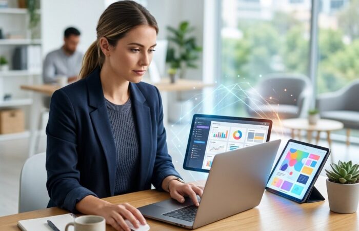 Specjalistka marketingu pracuje przy laptopie z wykresami i szkicami materiałów wspieranych przez sztuczną inteligencję