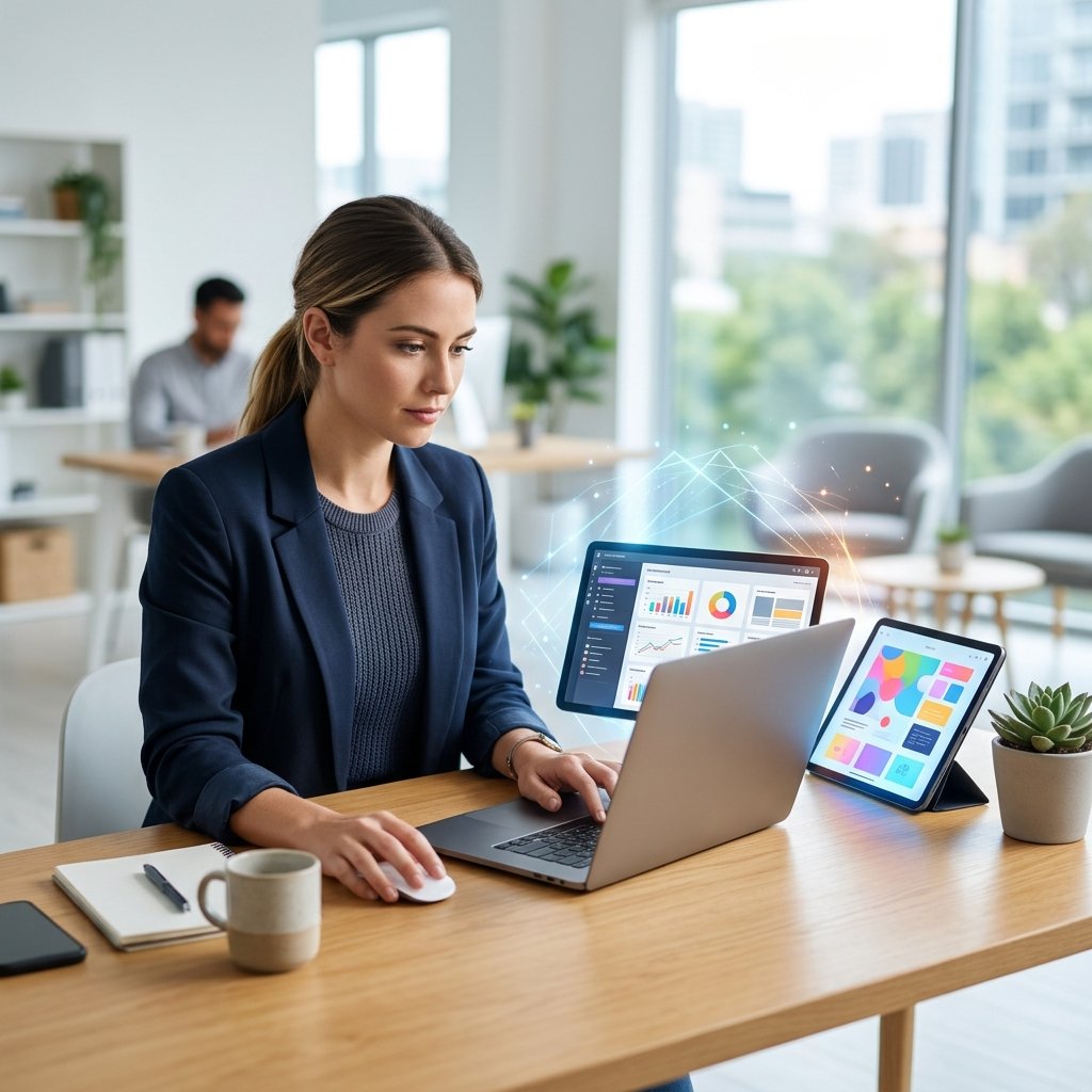 Specjalistka marketingu pracuje przy laptopie z wykresami i szkicami materiałów wspieranych przez sztuczną inteligencję