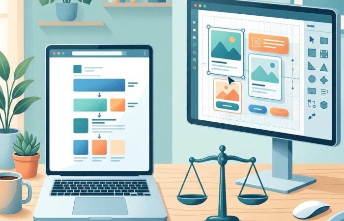 Dwa monitory z edytorem blokowym i wizualnym kreatorem stron oraz waga symbolizująca wybór narzędzia do WordPressa