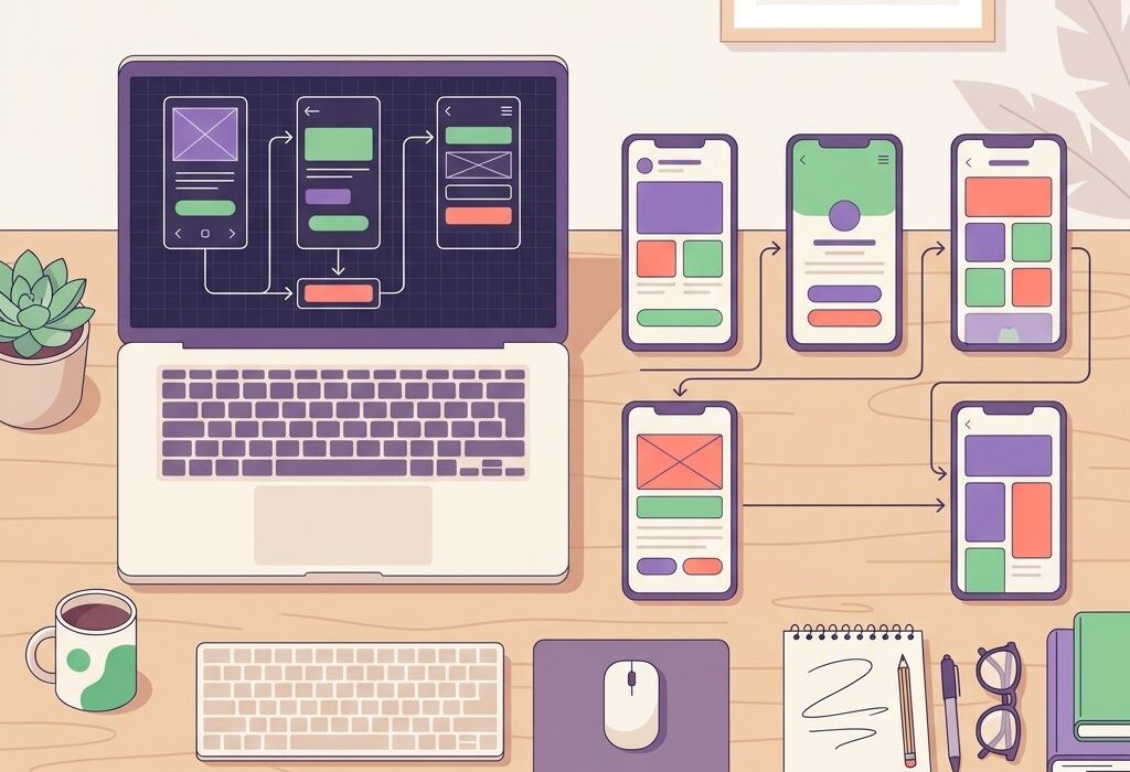 Laptop z projektem aplikacji mobilnej i kilkoma połączonymi ekranami telefonu przedstawiającymi prototyp