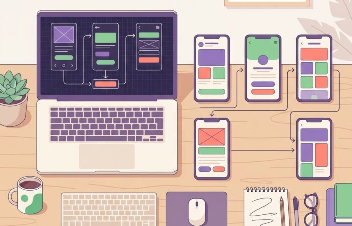 Laptop z projektem aplikacji mobilnej i kilkoma połączonymi ekranami telefonu przedstawiającymi prototyp