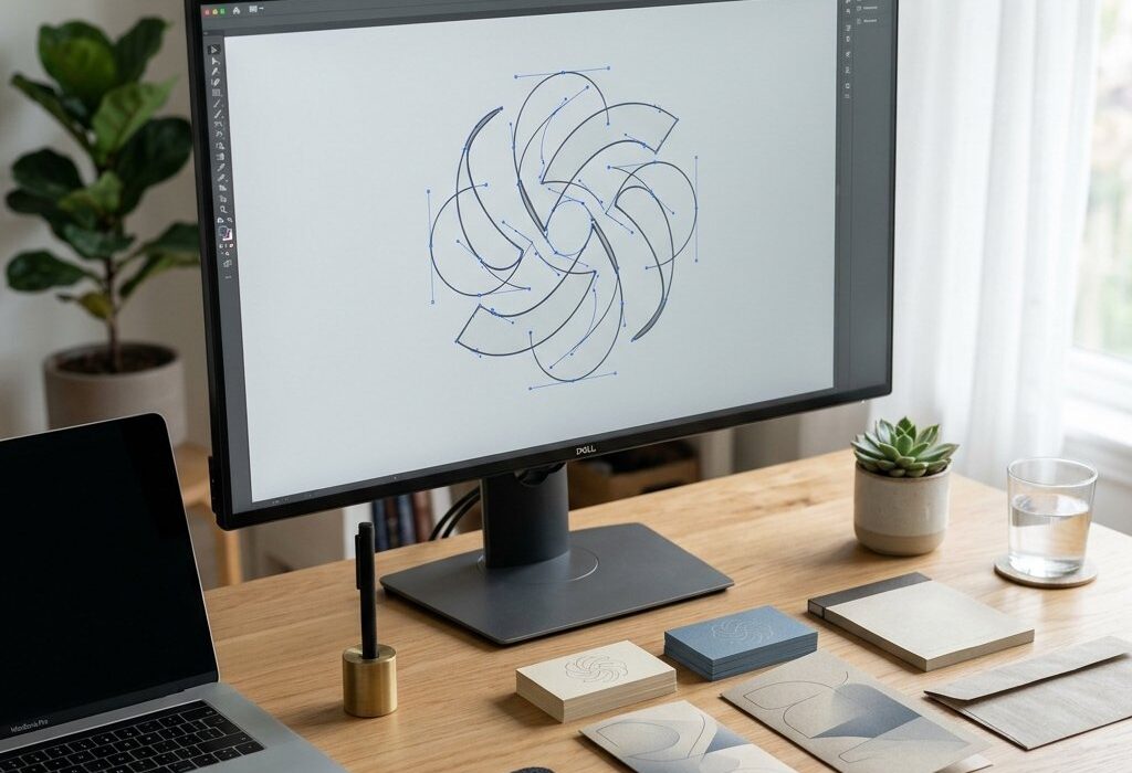 Biurko grafika z monitorem z projektem wektorowym logo i wydrukowanymi wizytówkami oraz ulotką