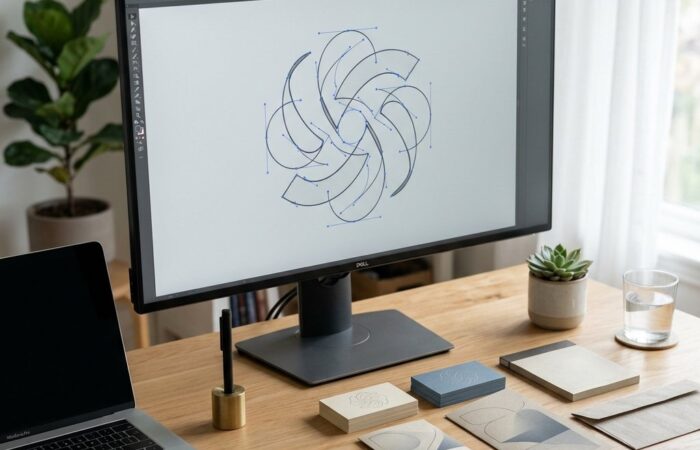 Biurko grafika z monitorem z projektem wektorowym logo i wydrukowanymi wizytówkami oraz ulotką