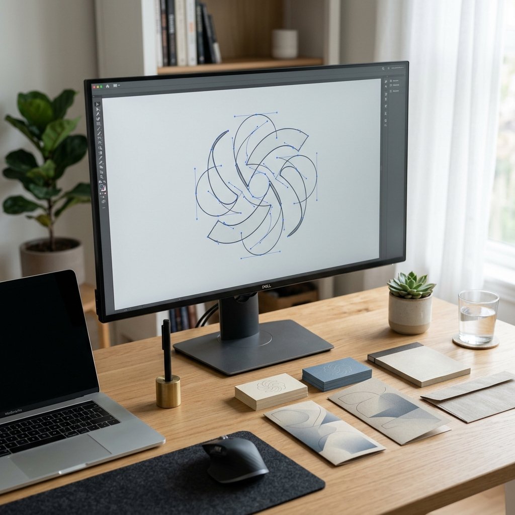 Biurko grafika z monitorem z projektem wektorowym logo i wydrukowanymi wizytówkami oraz ulotką
