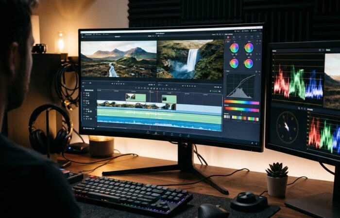 Stanowisko do montażu wideo z monitorem pokazującym oś czasu i panel korekty koloru oraz wykresy na drugim ekranie