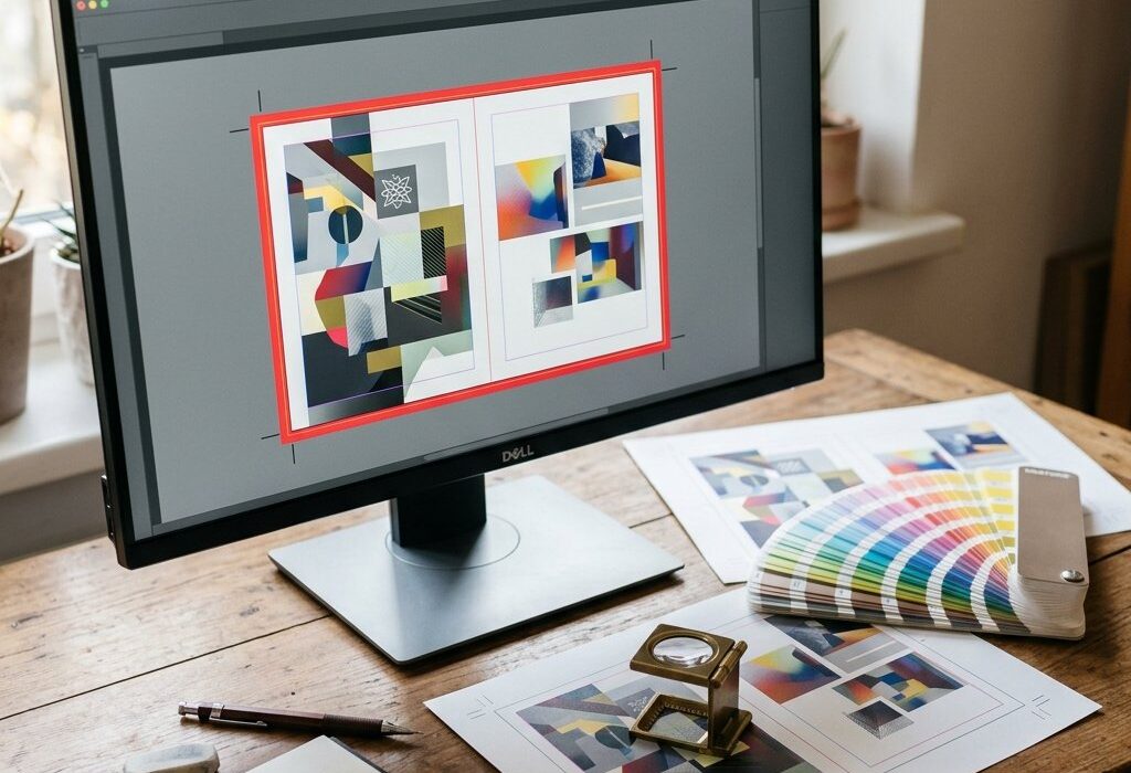 Biurko grafika z układem publikacji na monitorze, wydrukiem ze znacznikami cięcia i wzornikiem kolorów Pantone