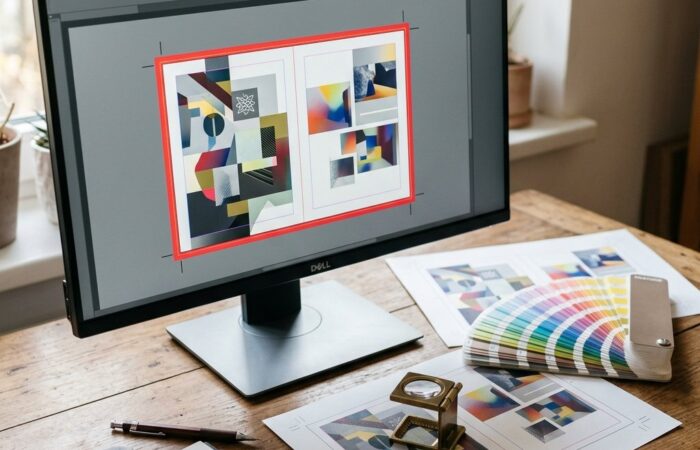 Biurko grafika z układem publikacji na monitorze, wydrukiem ze znacznikami cięcia i wzornikiem kolorów Pantone