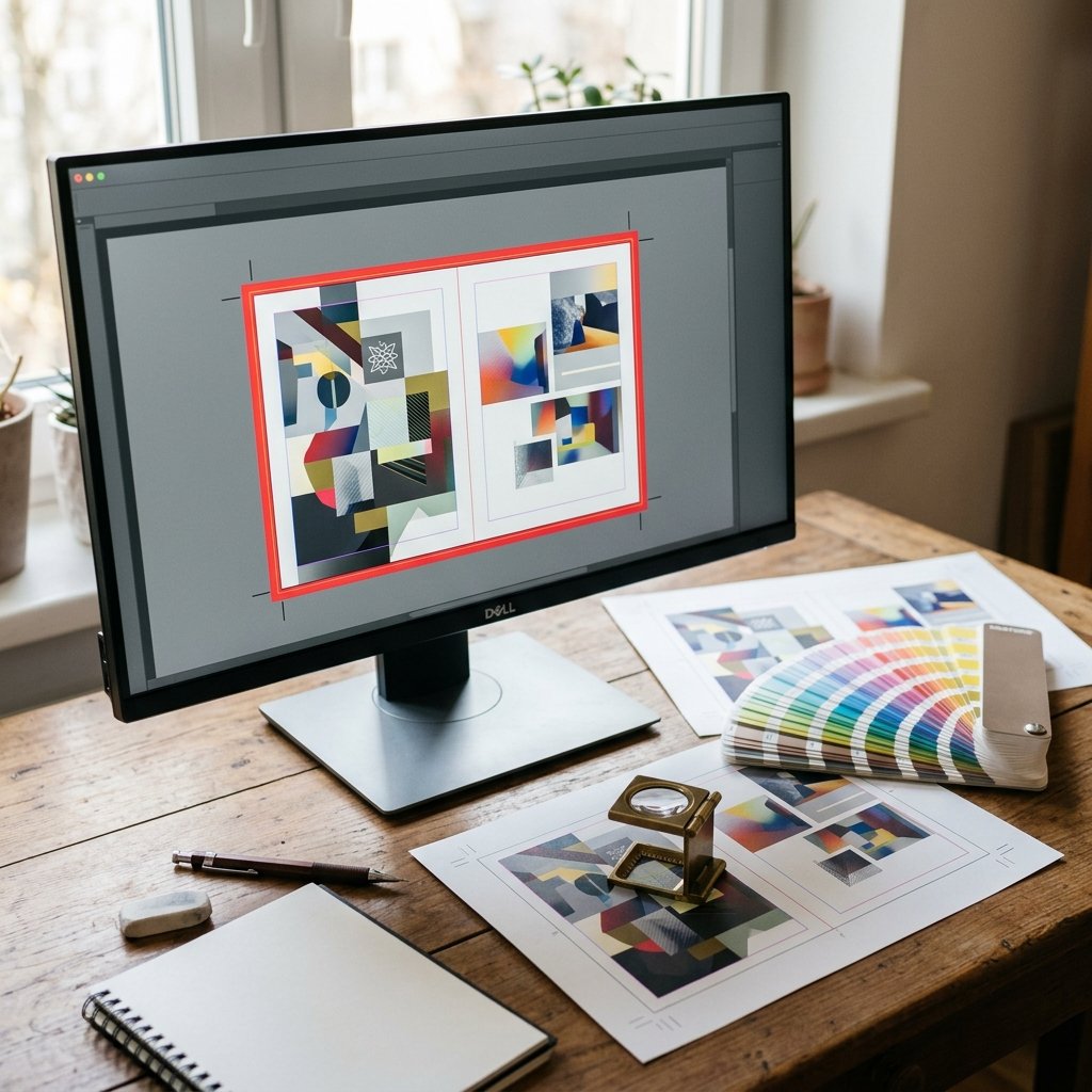 Biurko grafika z układem publikacji na monitorze, wydrukiem ze znacznikami cięcia i wzornikiem kolorów Pantone